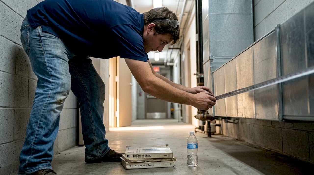 Installer measuring ductwork in commercial hall