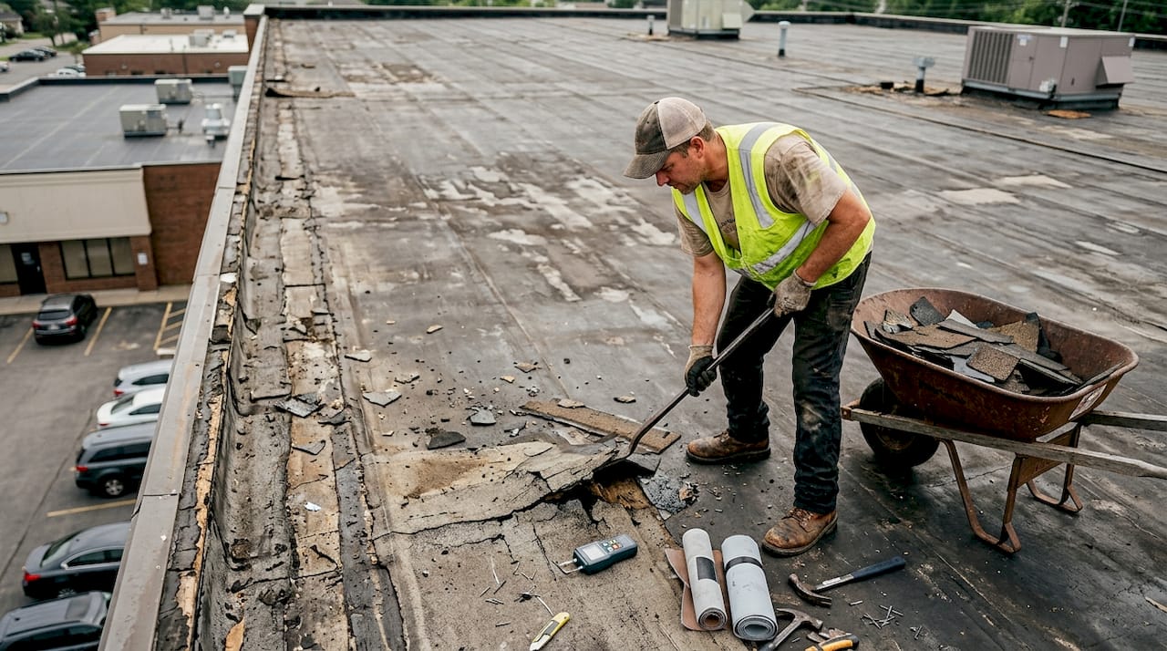 Roof worker tearing off old materials