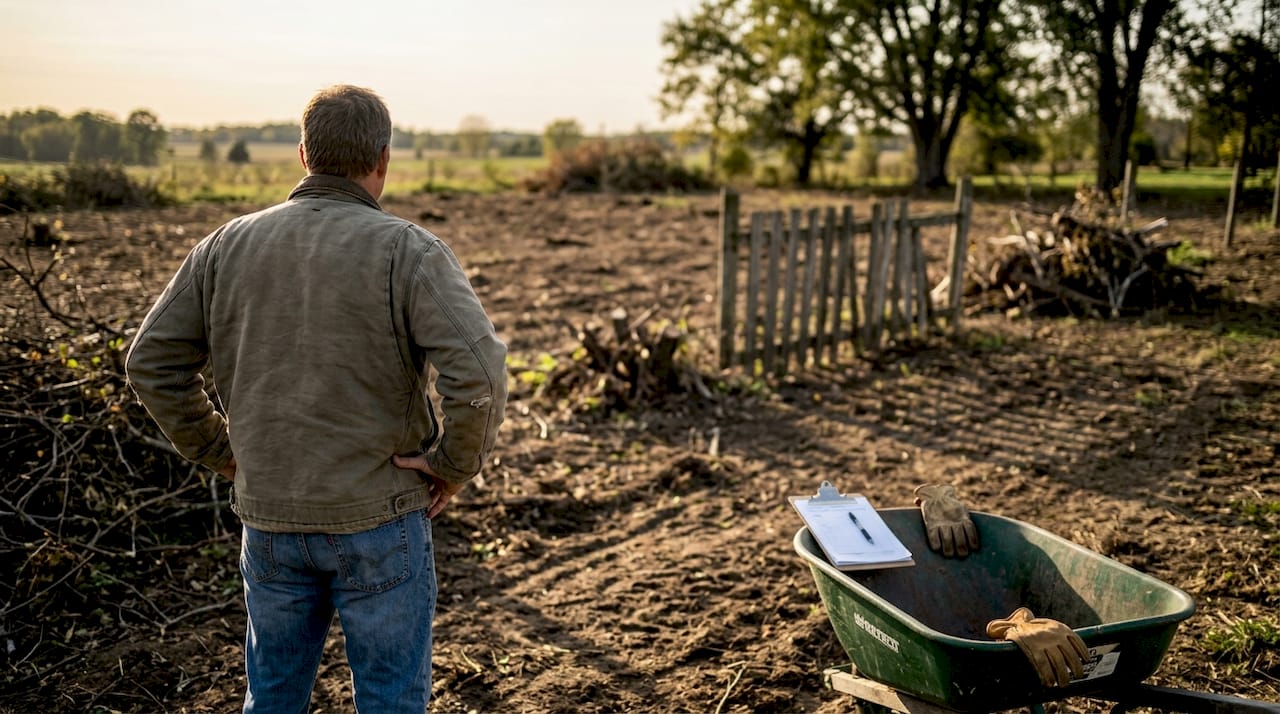 Owner surveying freshly cleared lot