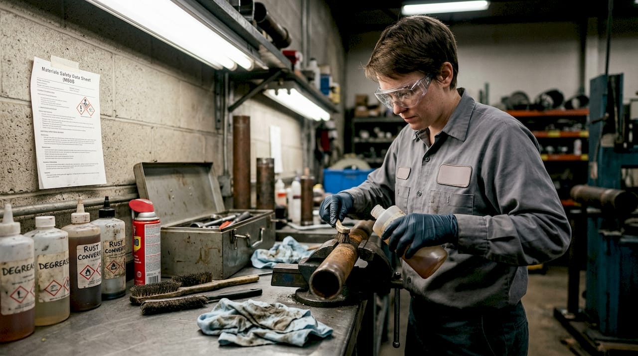 Technician applying chemical rust remover at bench