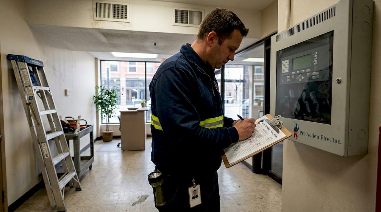 Technician inspects fire alarm panel in lobby