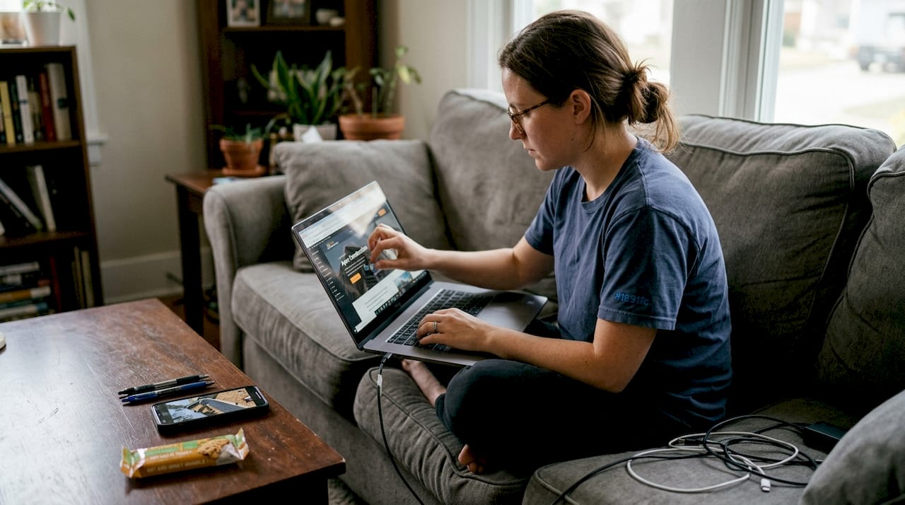 Designer updating contractor website on laptop