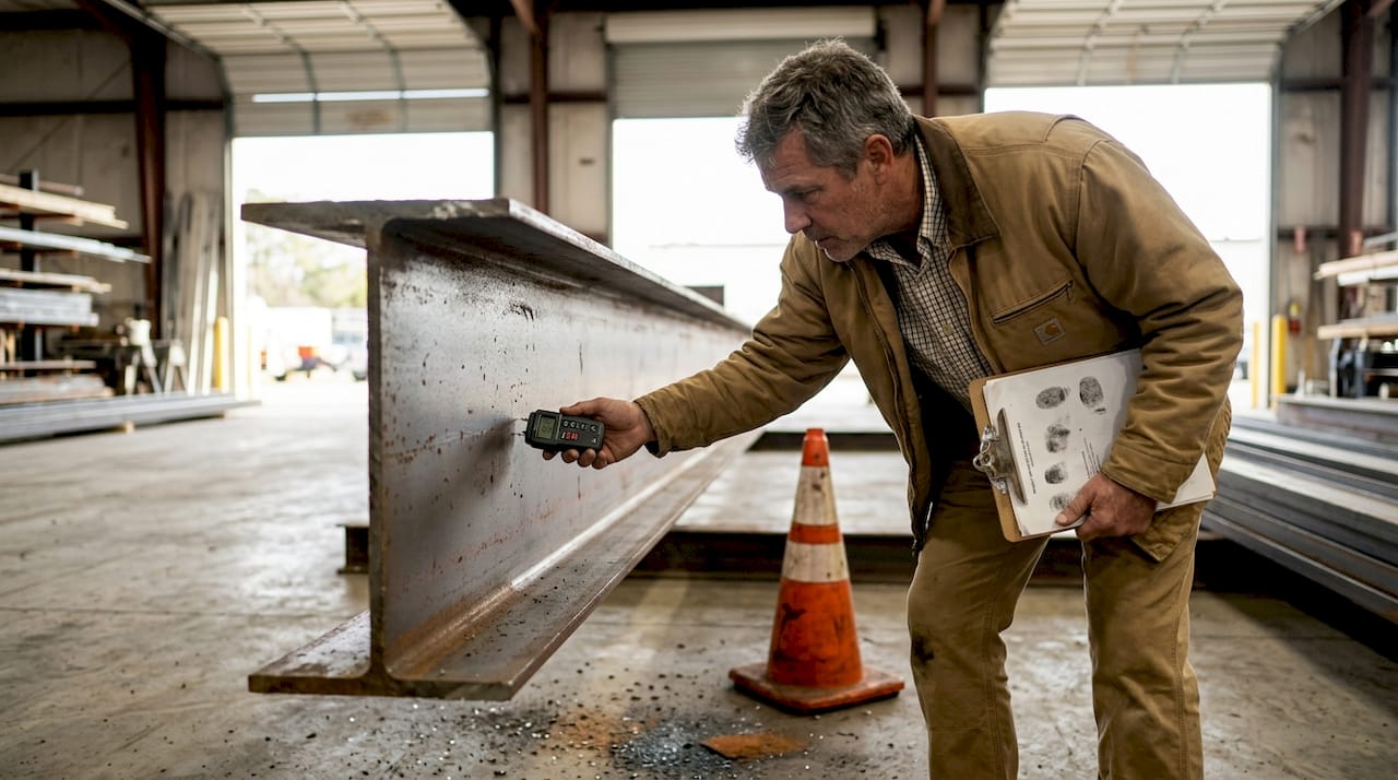 Inspector checking steel for flash rust indoors