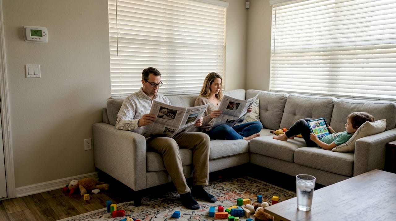 Family relaxes comfortably in air conditioned living room