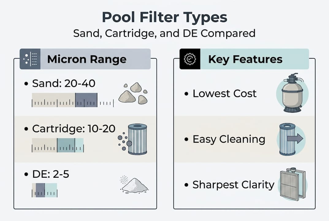 Pool filters explained: types, functions & right fit 1 Infographic comparing pool filter types and features