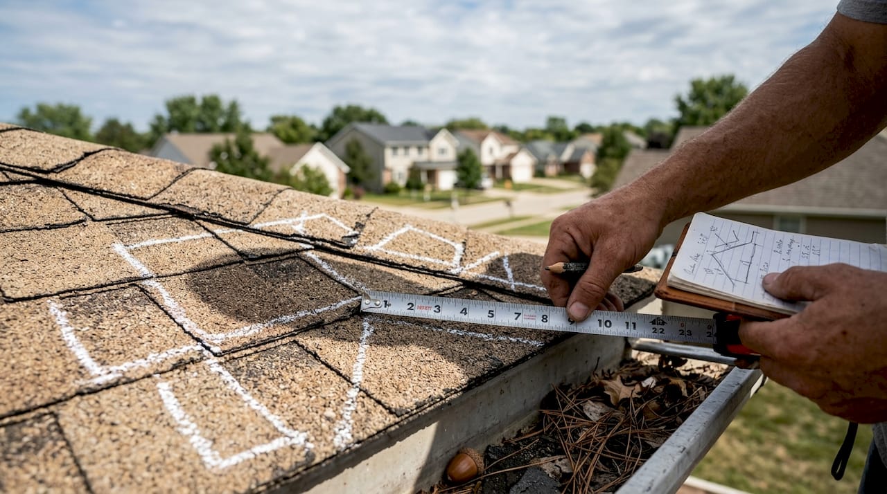 Hands measuring roof drainage area on shingles