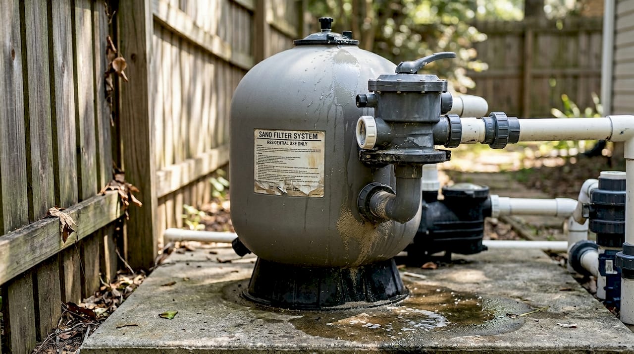 Pool filters explained: types, functions & right fit 2 Close-up view of sand pool filter tank