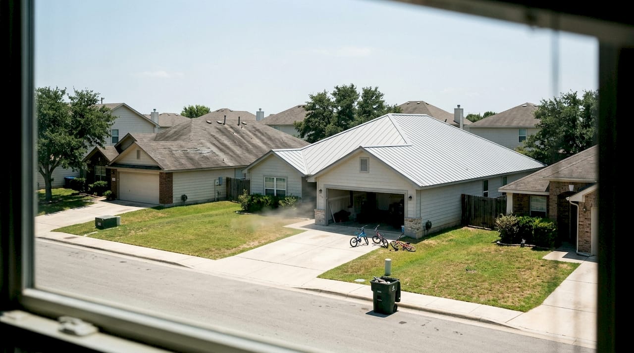 Metal roof reflecting strong Texas sun