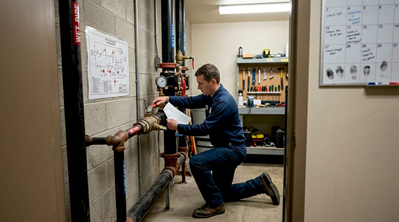 Technician adjusting wet pipe hotel sprinkler system