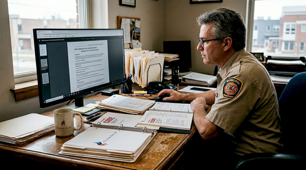 Fire inspector reviewing NFPA standards at desk