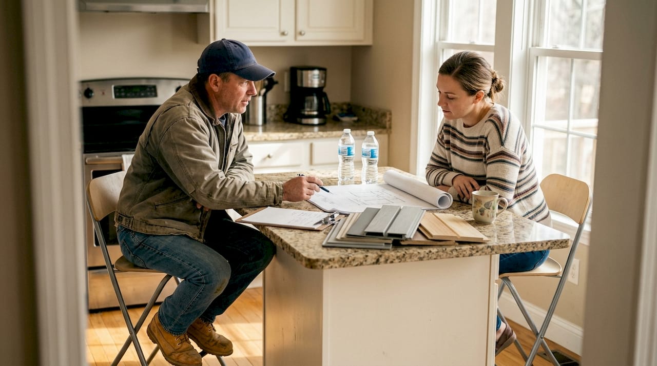 Contractor and homeowner discuss exterior upgrades