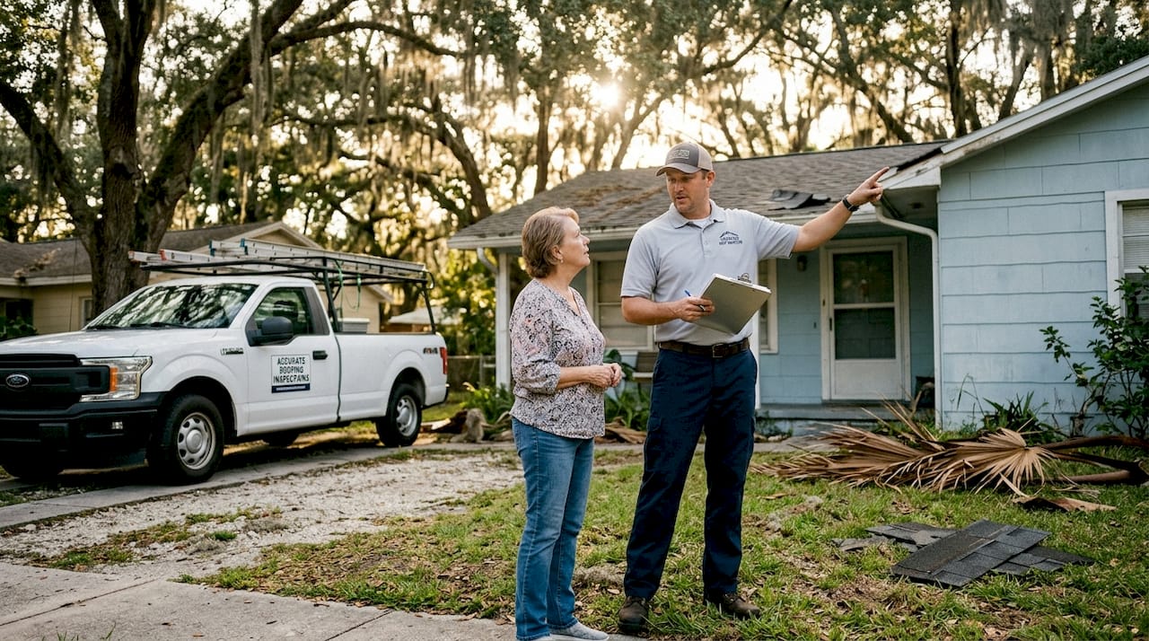 Inspector and homeowner discuss roof condition