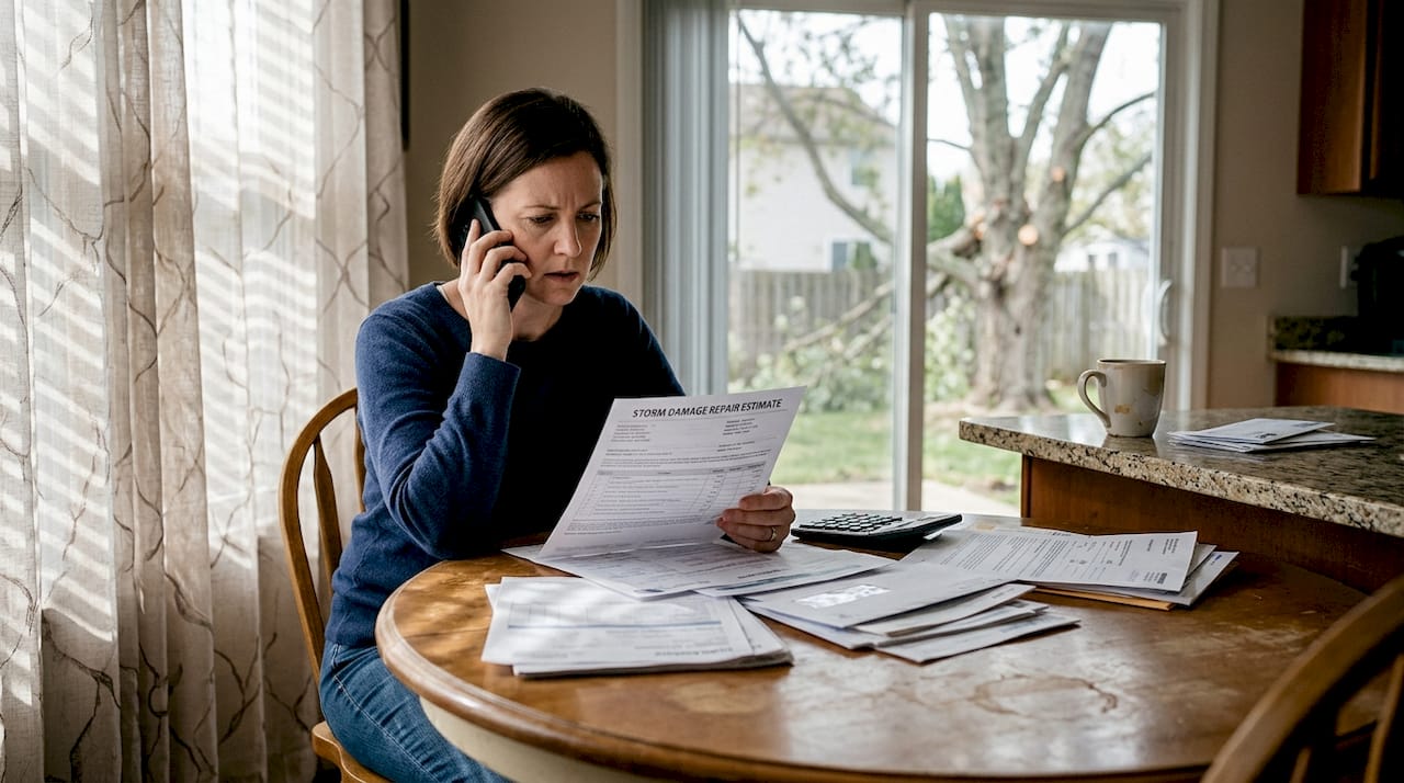 Homeowner handling roof storm insurance paperwork
