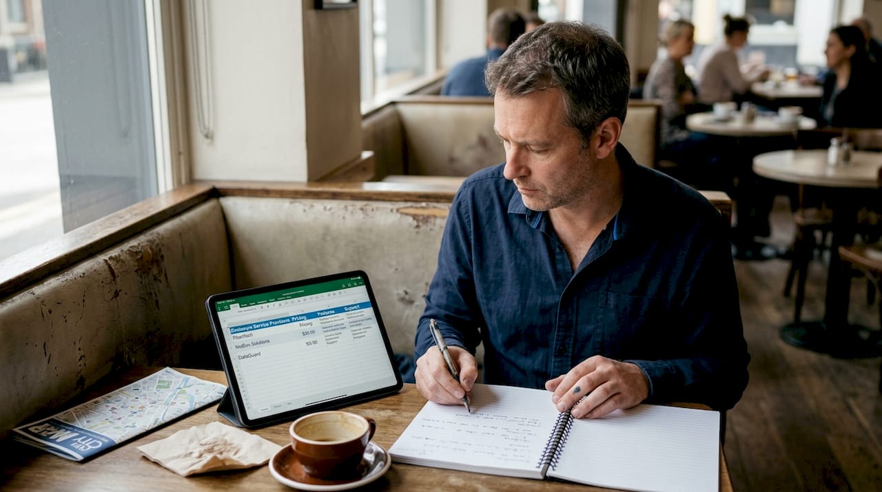 Man reviewing service providers in café booth