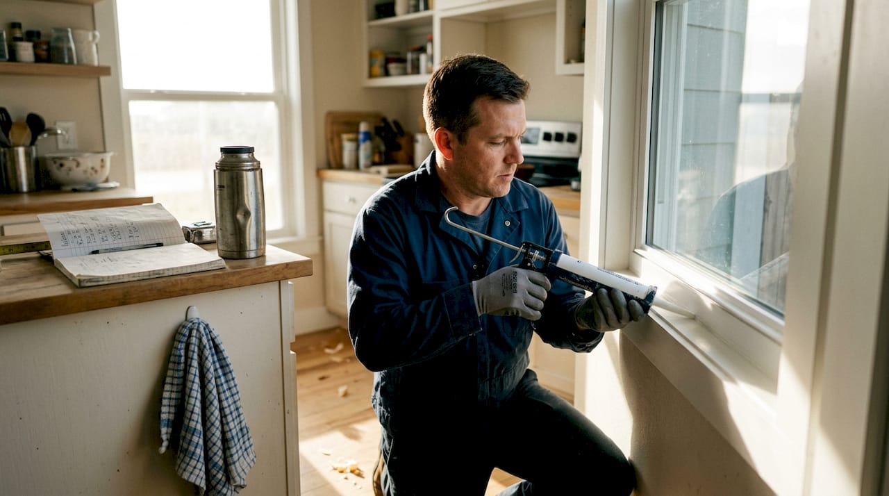 Technician installs weather-resistant window in kitchen