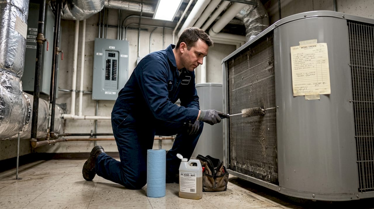 Technician cleaning coils in medical office HVAC unit