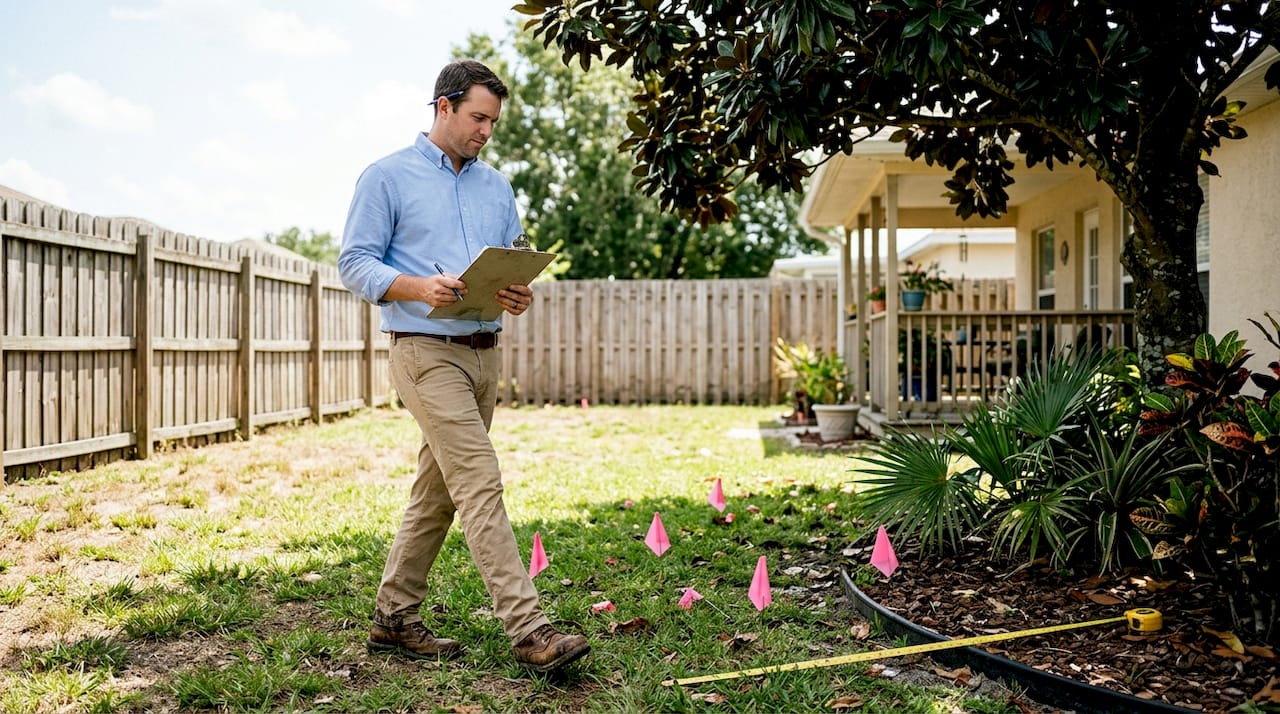 Property manager evaluating tree placement backyard