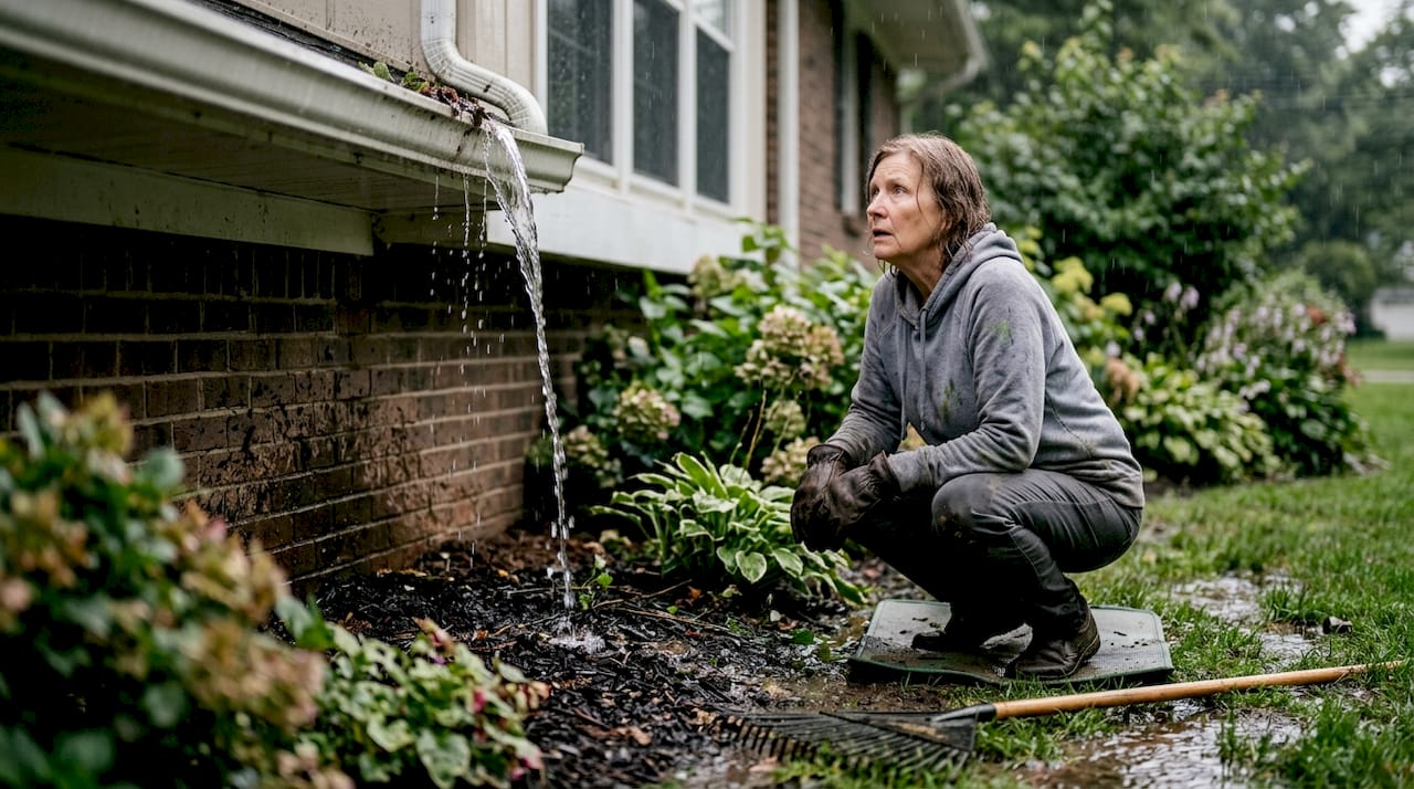 Water overflowing from clogged gutter