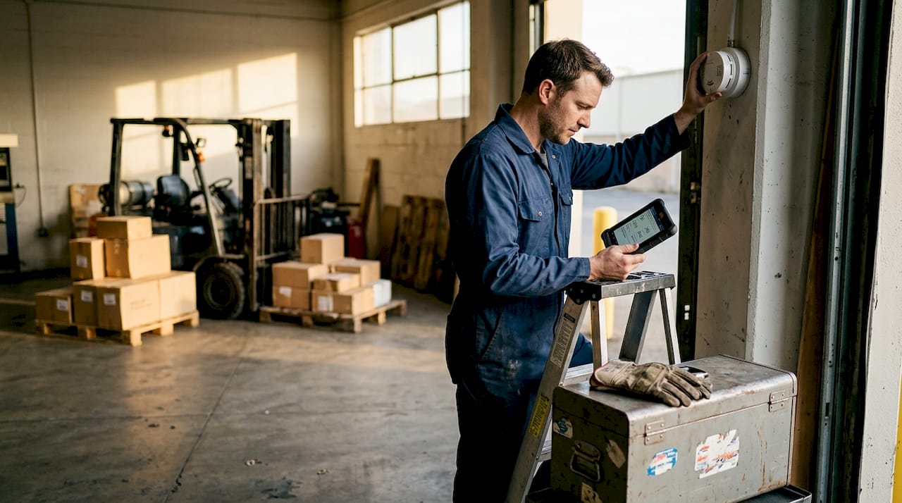 Technician inspecting hybrid fire sensor