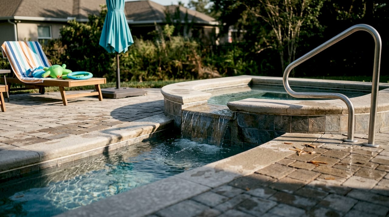 Spillover spa with water cascading into pool