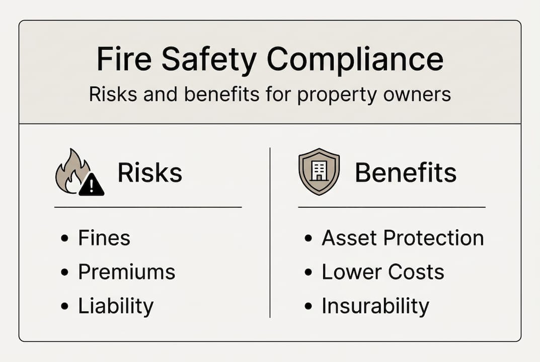 Infographic showing fire safety compliance risks and benefits