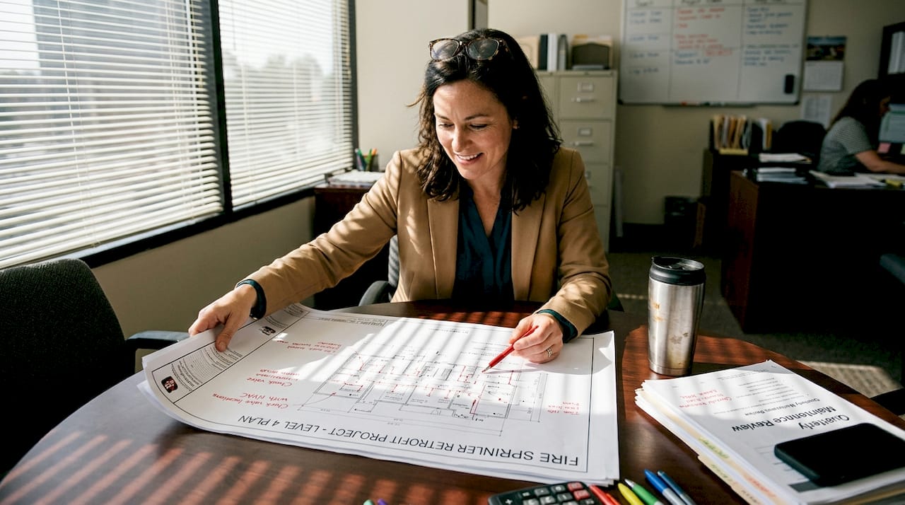 Property manager reviewing fire sprinkler blueprints