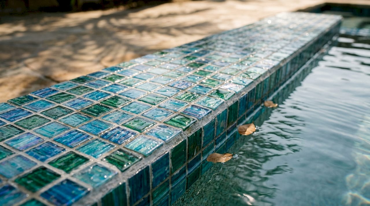 Close-up glass mosaic tile pool edge