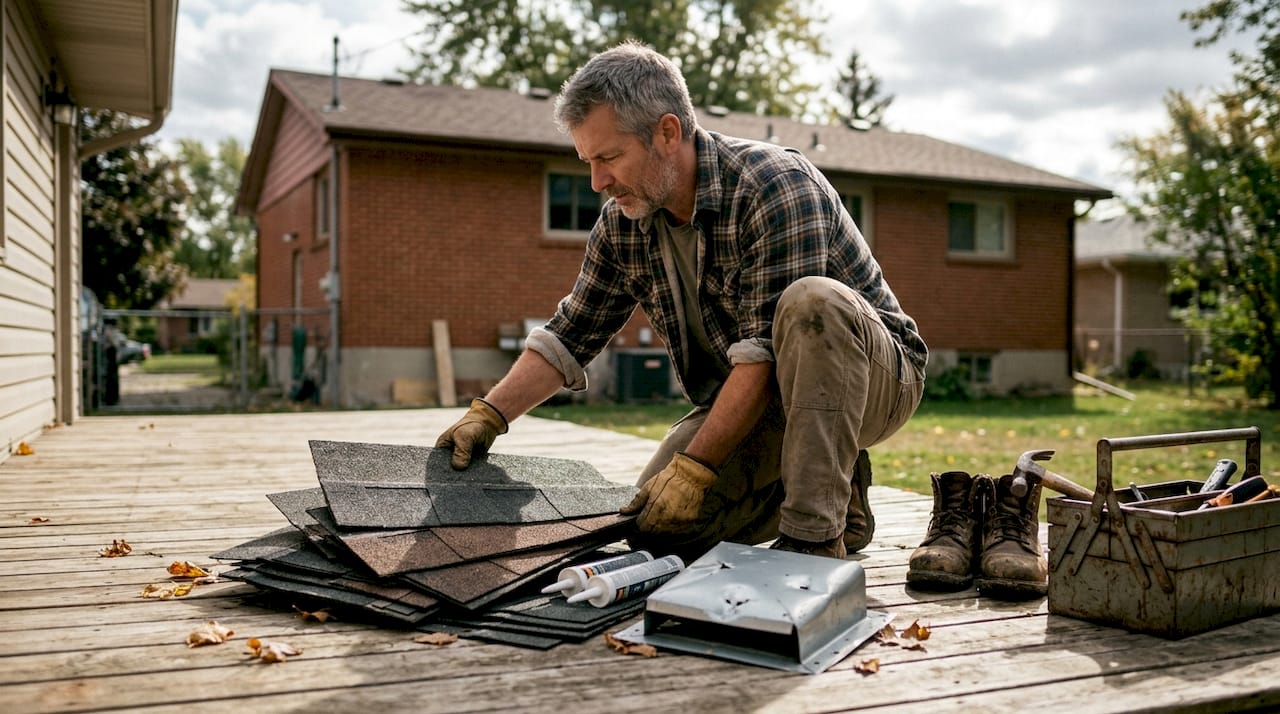 Homeowner preparing roof repair materials outdoors