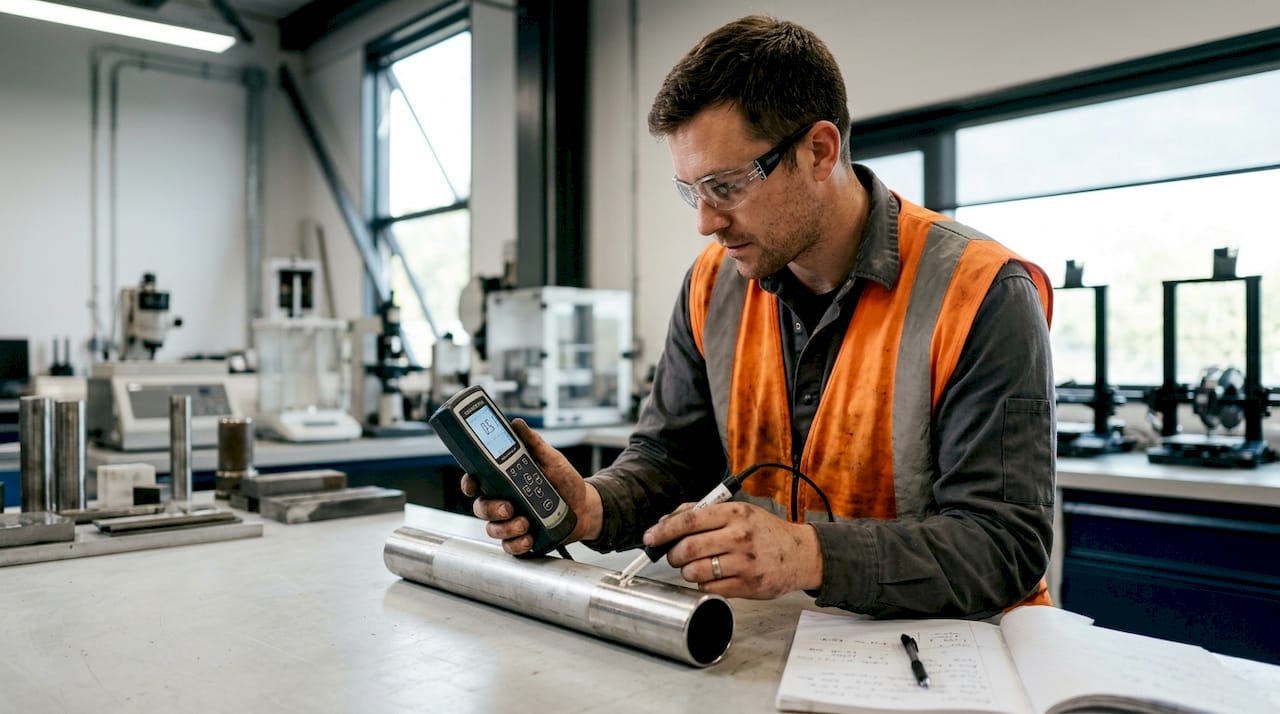 Worker testing steel surface with salt meter
