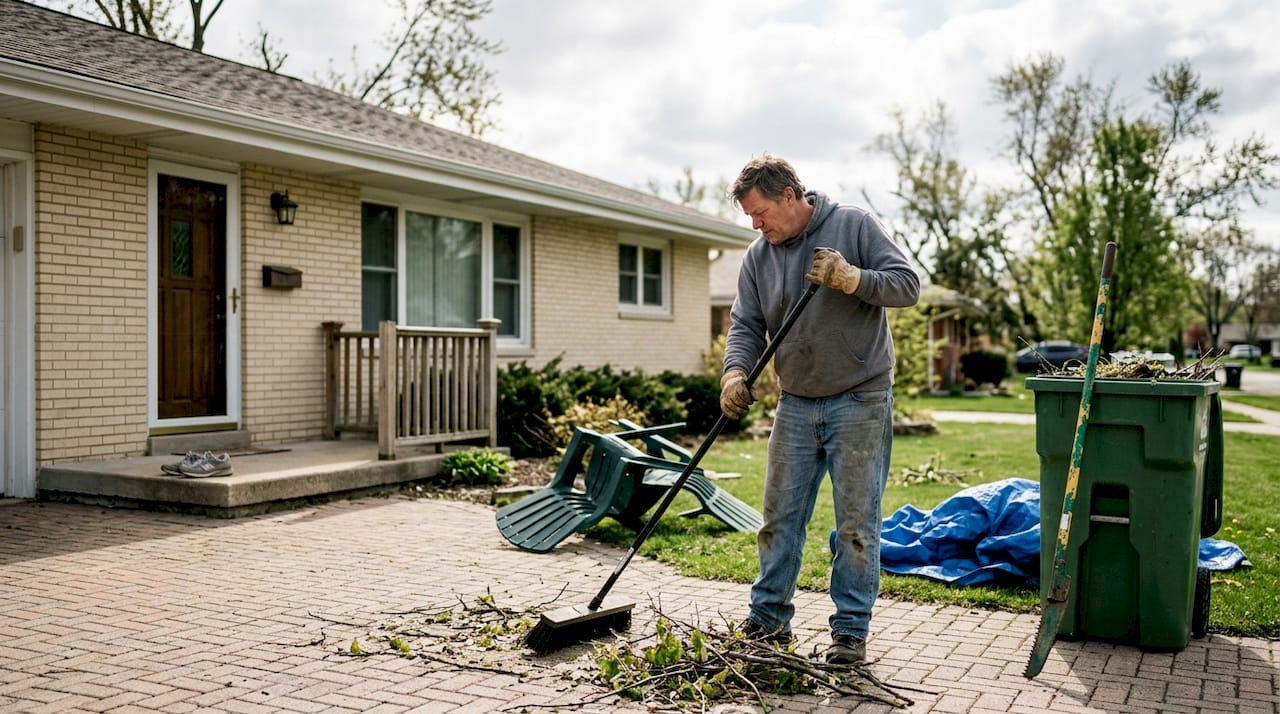 Homeowner cleaning up small fallen branches