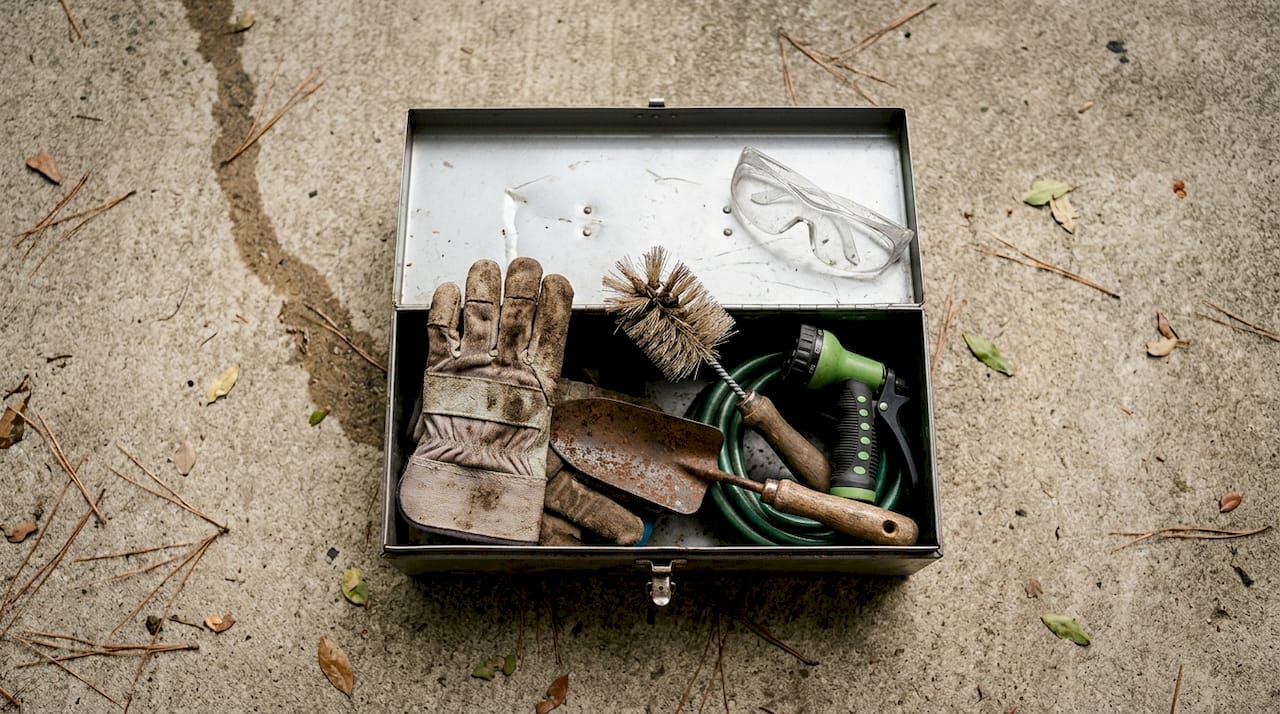 Gutter maintenance tools next to patio downspout