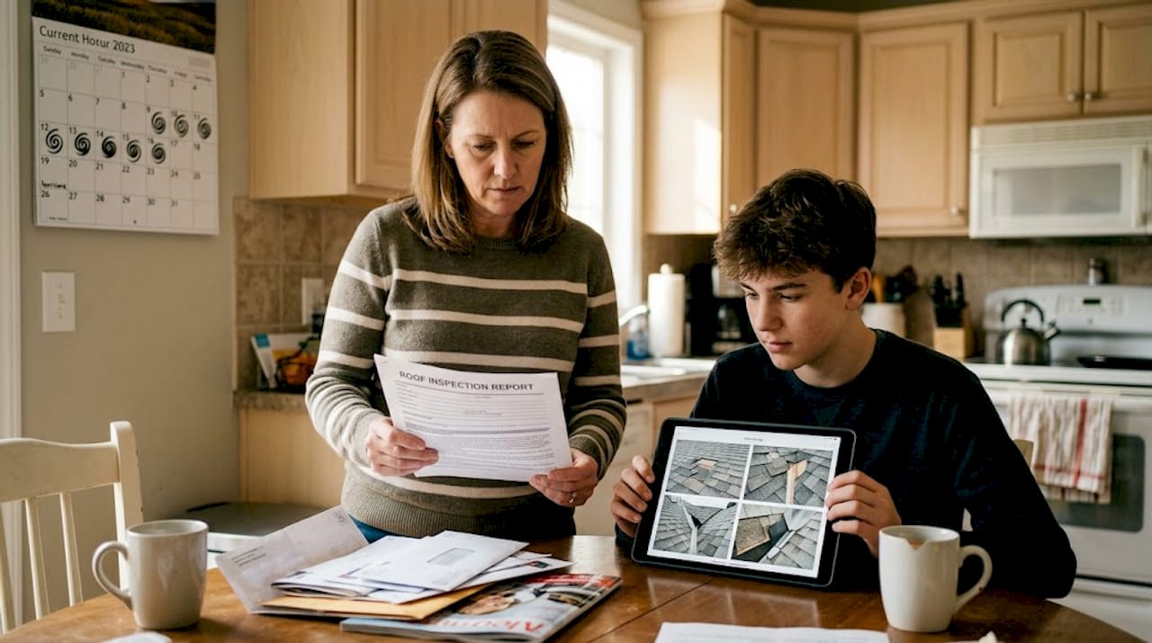 Homeowner reviewing roof safety inspection report