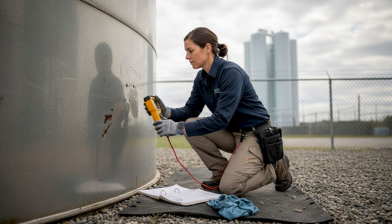Technician using chloride meter on utility tank