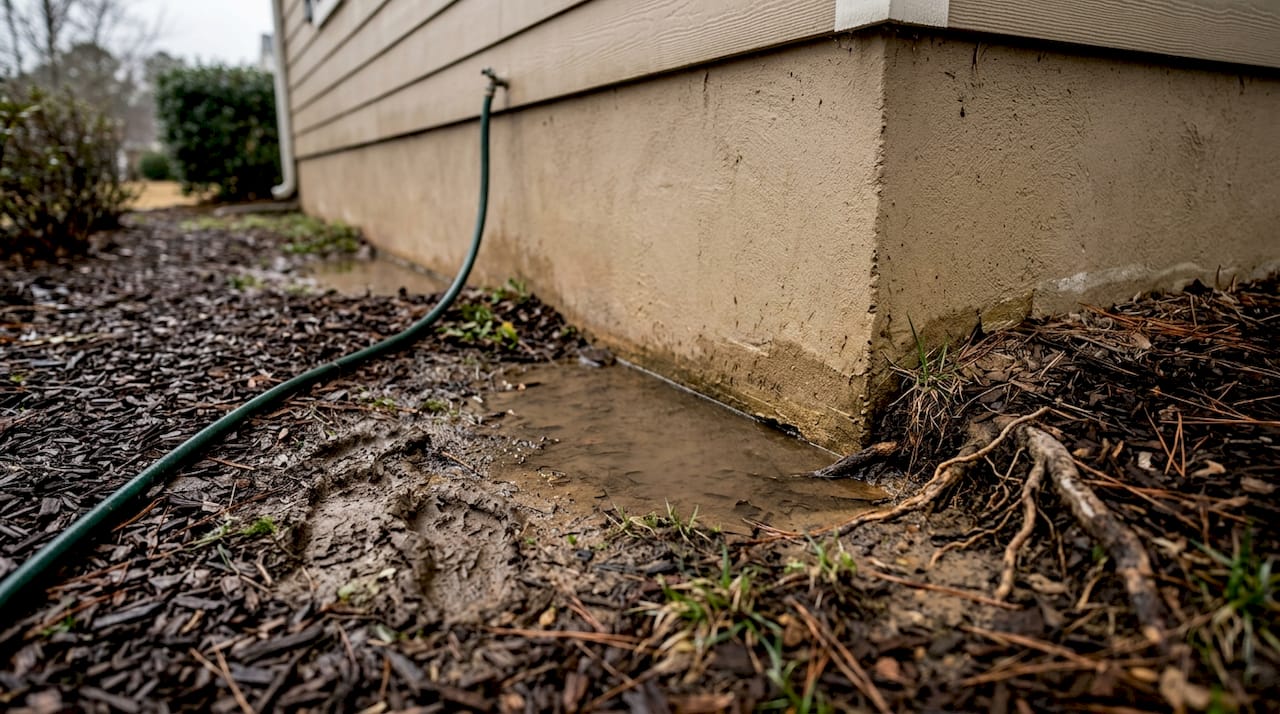 Rainwater pooling near house foundation