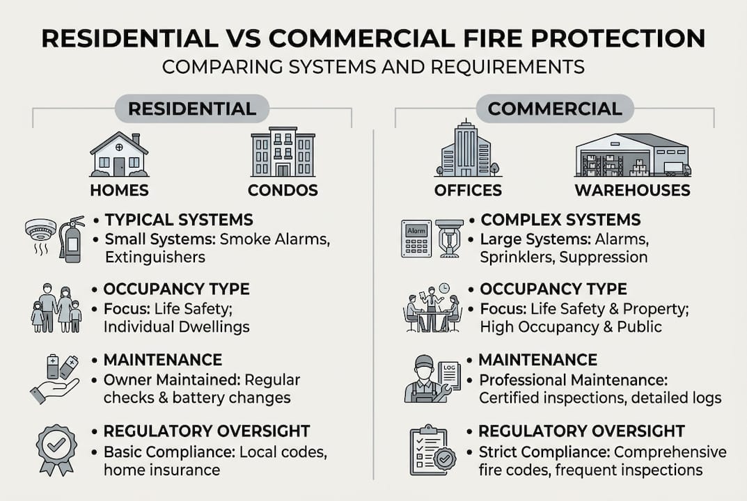 Infographic comparing residential and commercial fire protection