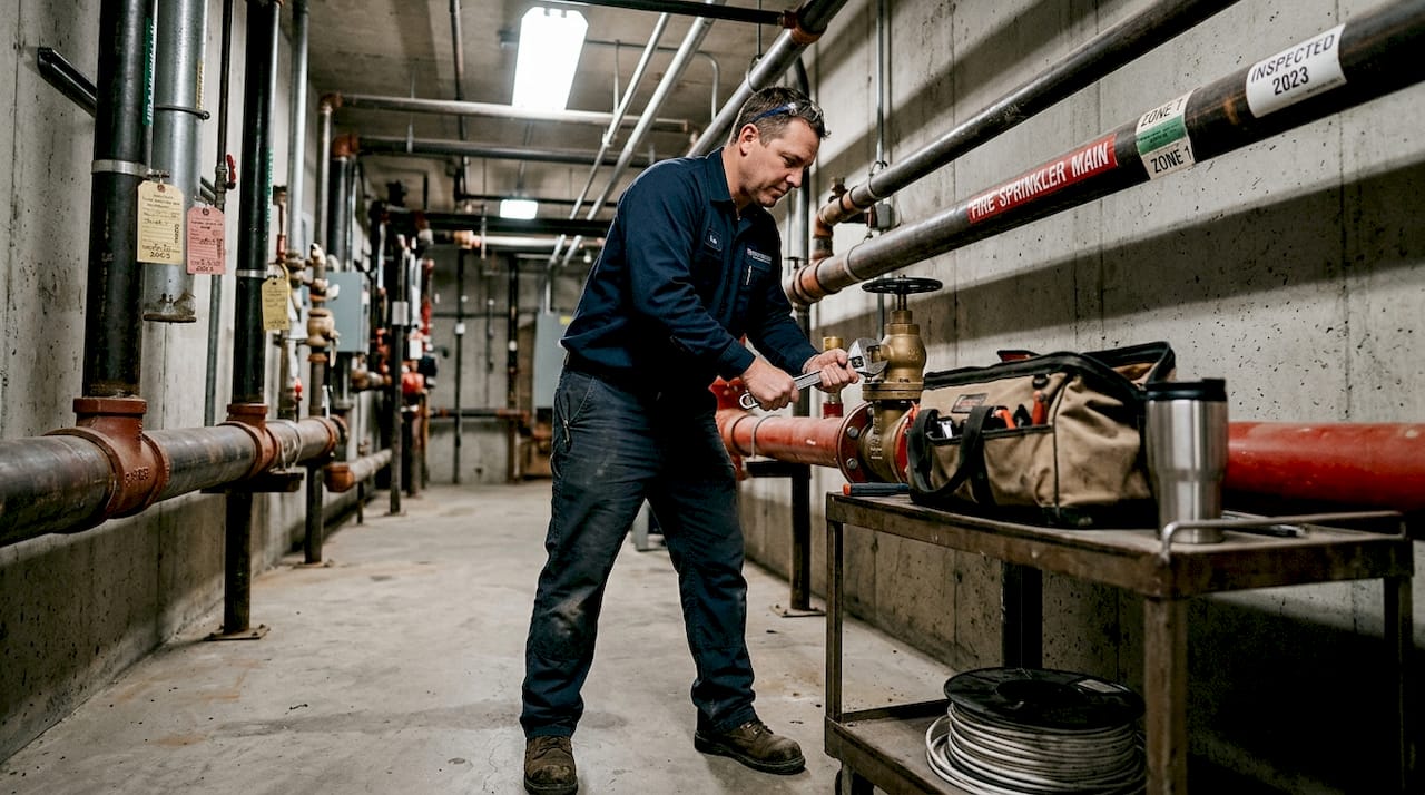 Technician adjusts sprinkler system in mechanical room