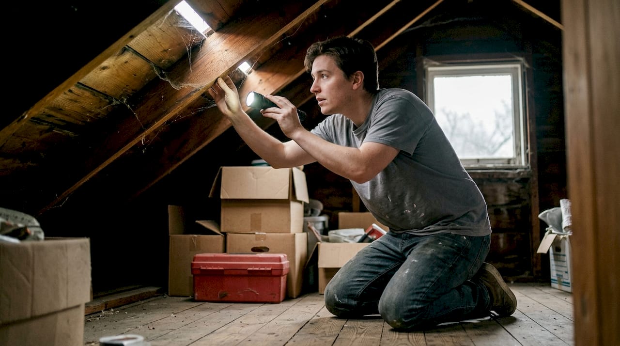 Person inspecting attic for roof leaks