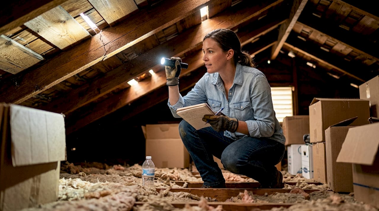 Specialist inspects attic for hidden roof damage