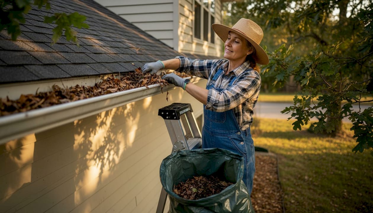Homeowner cleaning roof gutters for maintenance