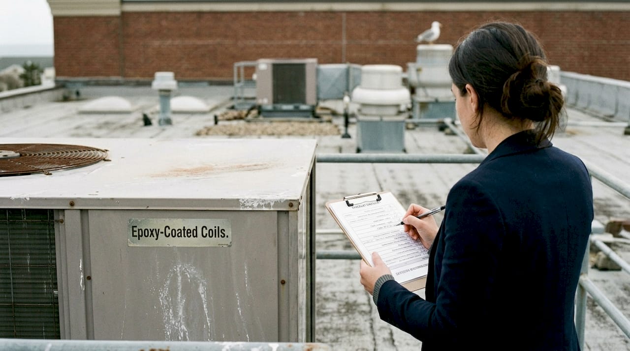 Manager checks corrosion-resistant rooftop HVAC