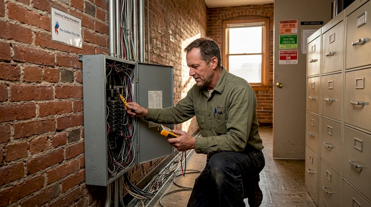 Electrician checking old office wiring for safety