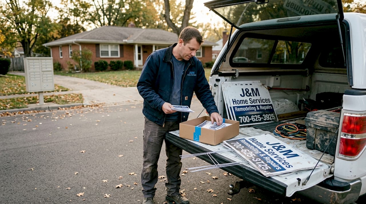 Contractor organizing yard signs and flyers