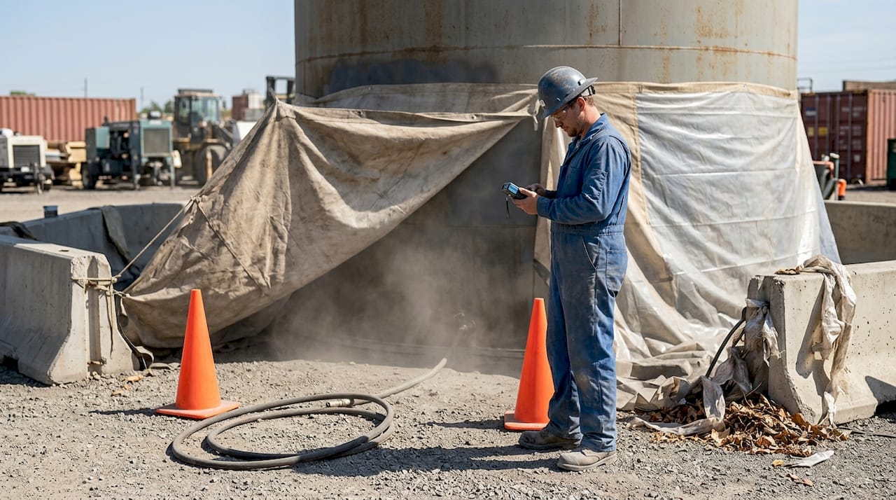 Technician monitoring dust control at blasting site