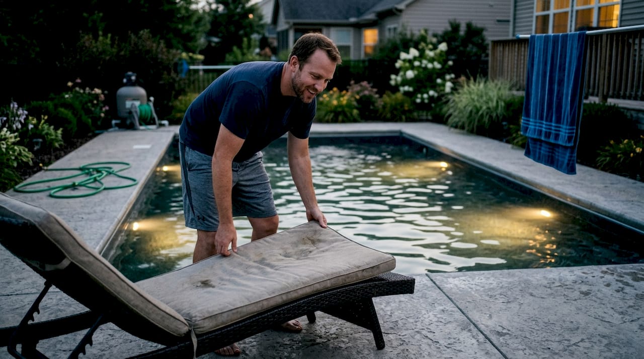 Homeowner adjusting chair by glowing night pool