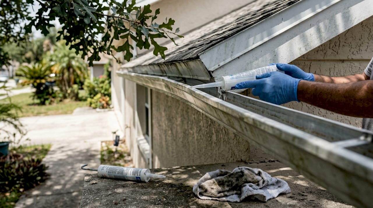 Hands applying sealant to aluminum gutter seam