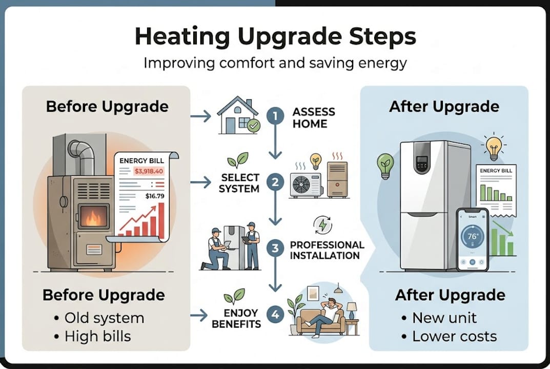 Infographic summarizing home heating upgrade process
