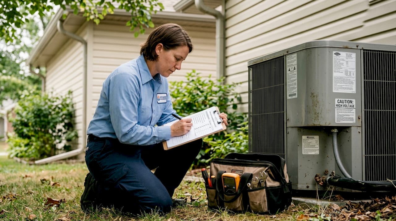 Technician inspecting outdoor heat pump unit