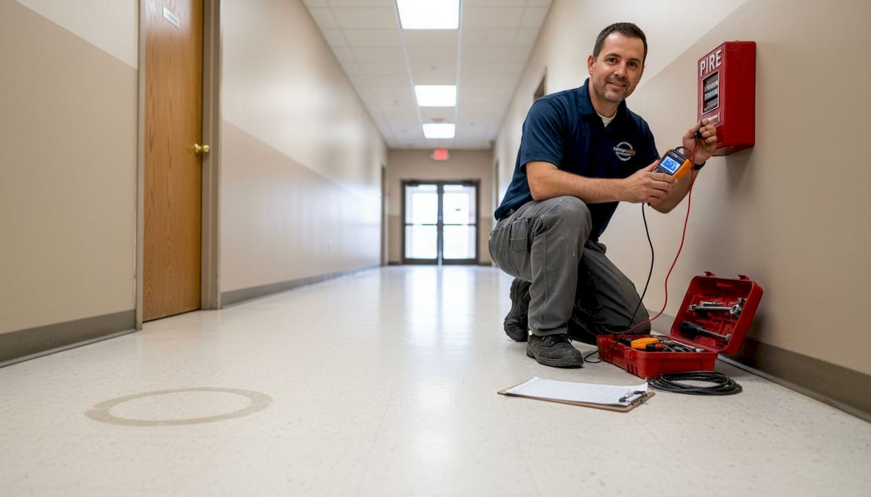 Technician testing fire alarm in office hallway