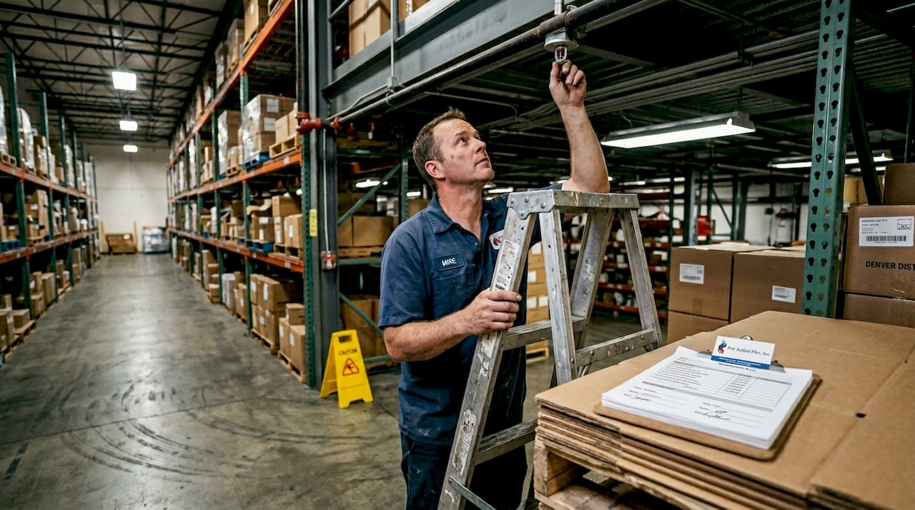 Technician inspecting warehouse fire sprinkler system