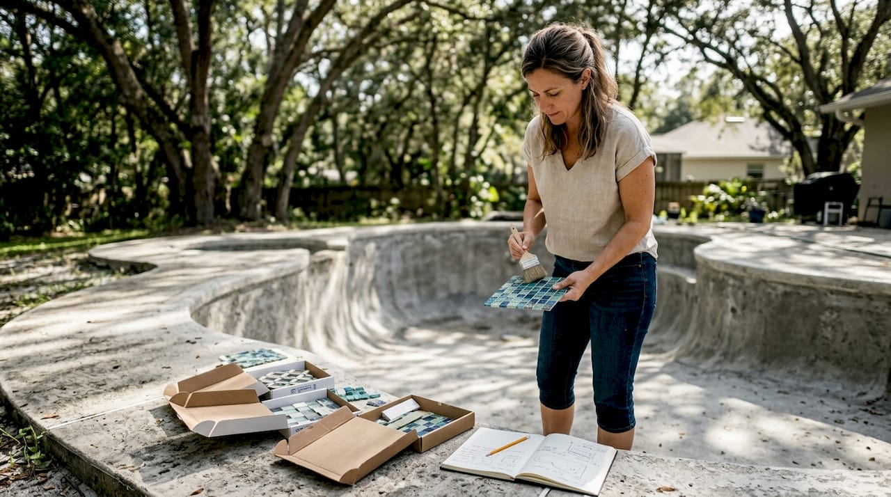 Homeowner examining custom pool tile samples